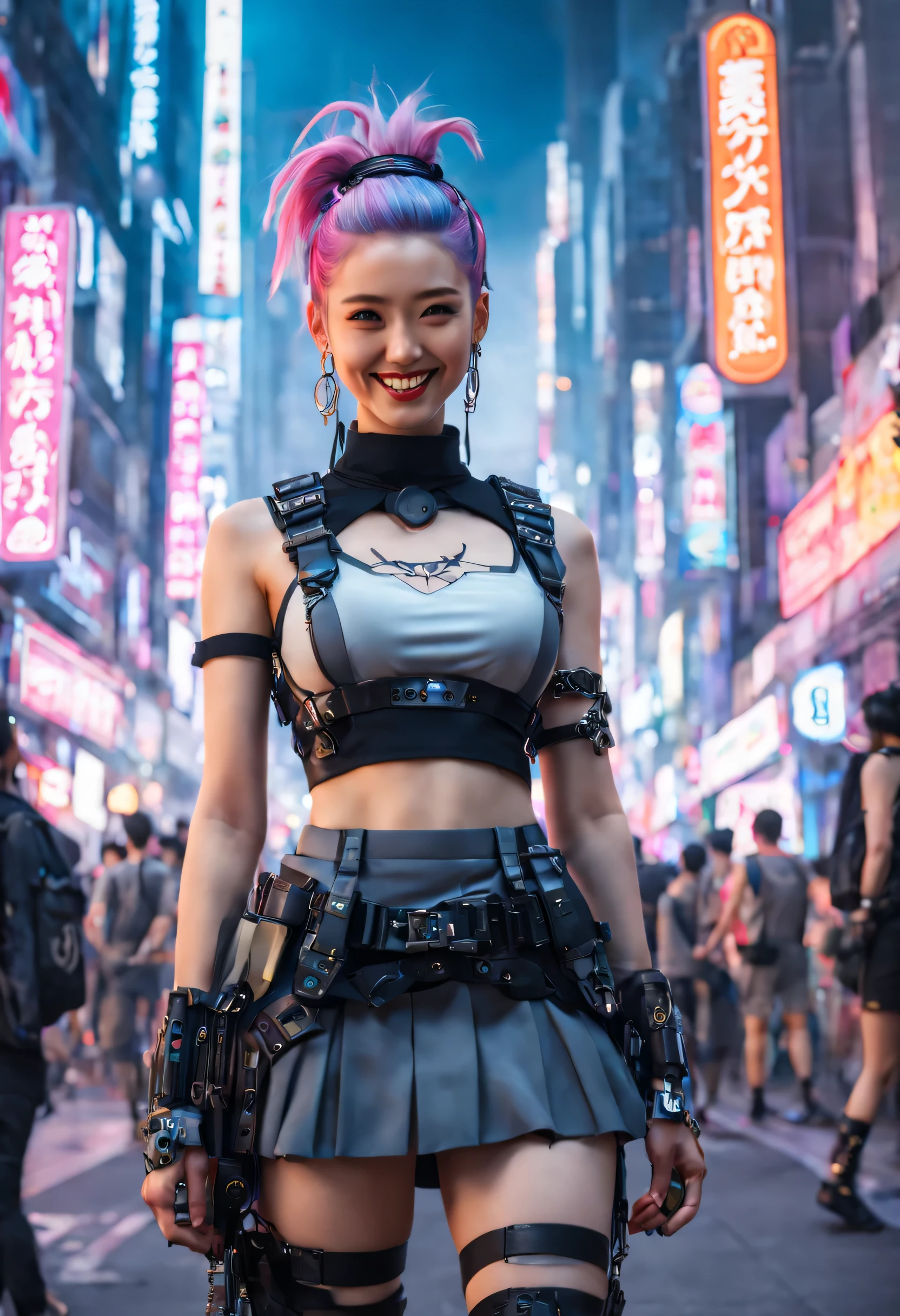 masterpiece, best quality, ((smiling)) cyberpunk girls standing, having grey and grey uniform and black long skirt, Harajuku-inspired cyberpunk body harness, bold colors and patterns, eye-catching accessories, trendy and innovative hairstyle with baroque influence, dazzling Cyberpunk cityscape, skyscrapers, glowing neon signs, LED lights, anime illustration, detailed skin texture, detailed cloth texture, beautiful detailed face, intricate details, ultra detailed, cinematic lighting, strong contrast.