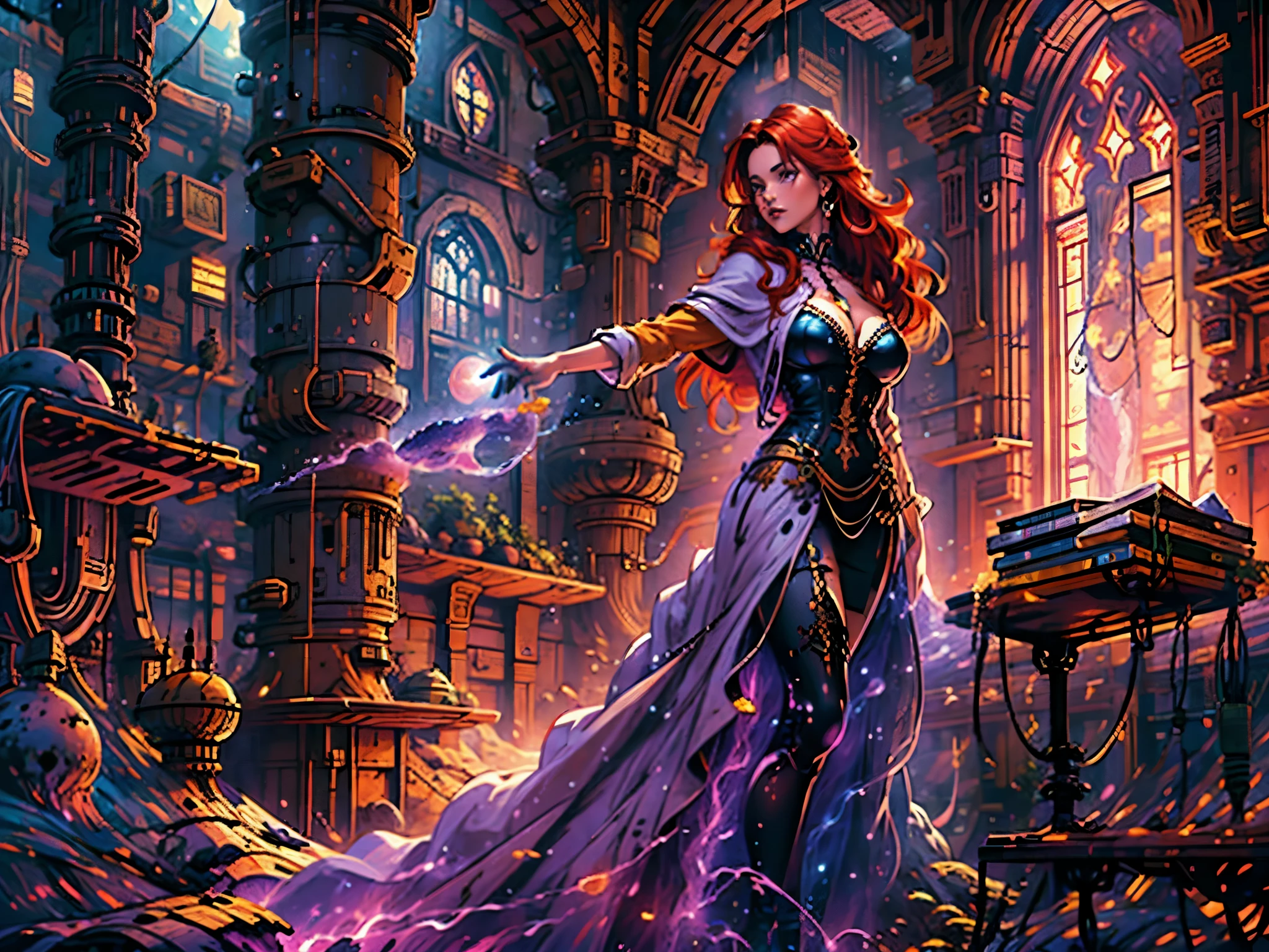 high details, best quality, 8k, [ultra detailed], masterpiece, best quality, (extremely detailed), full body, ultra wide shot, julie bell style (ultra details, Masterpiece, best quality), fantasy art, dnd art,fantasy art, realistic art, a sorceress casting a Glowing Purple spell in magical library (ultra details, Masterpiece, best quality), exquisite beautiful human woman (ultra details, Masterpiece, best quality), red hair, long hair, (long black dress: 1.2), (white cloak: 1.3), high heeled boots (ultra details, Masterpiece, best quality) Glowing Purple