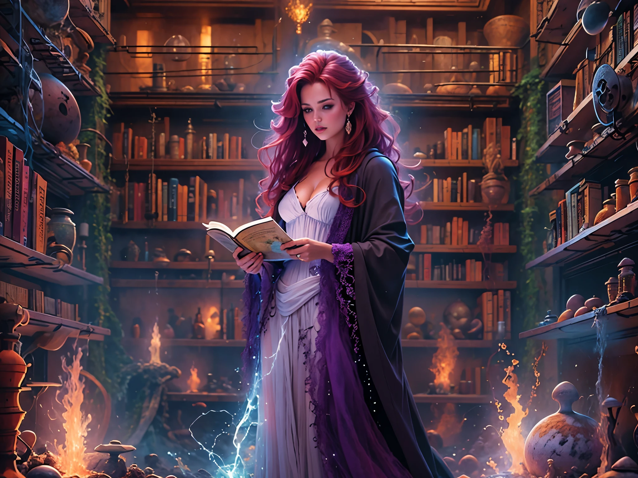 high details, best quality, 8k, [ultra detailed], masterpiece, best quality, (extremely detailed), full body, ultra wide shot, julie bell style (ultra details, Masterpiece, best quality), fantasy art, dnd art,fantasy art, realistic art, a sorceress casting a Glowing Purple spell in magical library (ultra details, Masterpiece, best quality), exquisite beautiful human woman (ultra details, Masterpiece, best quality), red hair, long hair, (long black dress: 1.2), (white cloak: 1.3), high heeled boots (ultra details, Masterpiece, best quality) Glowing Purple