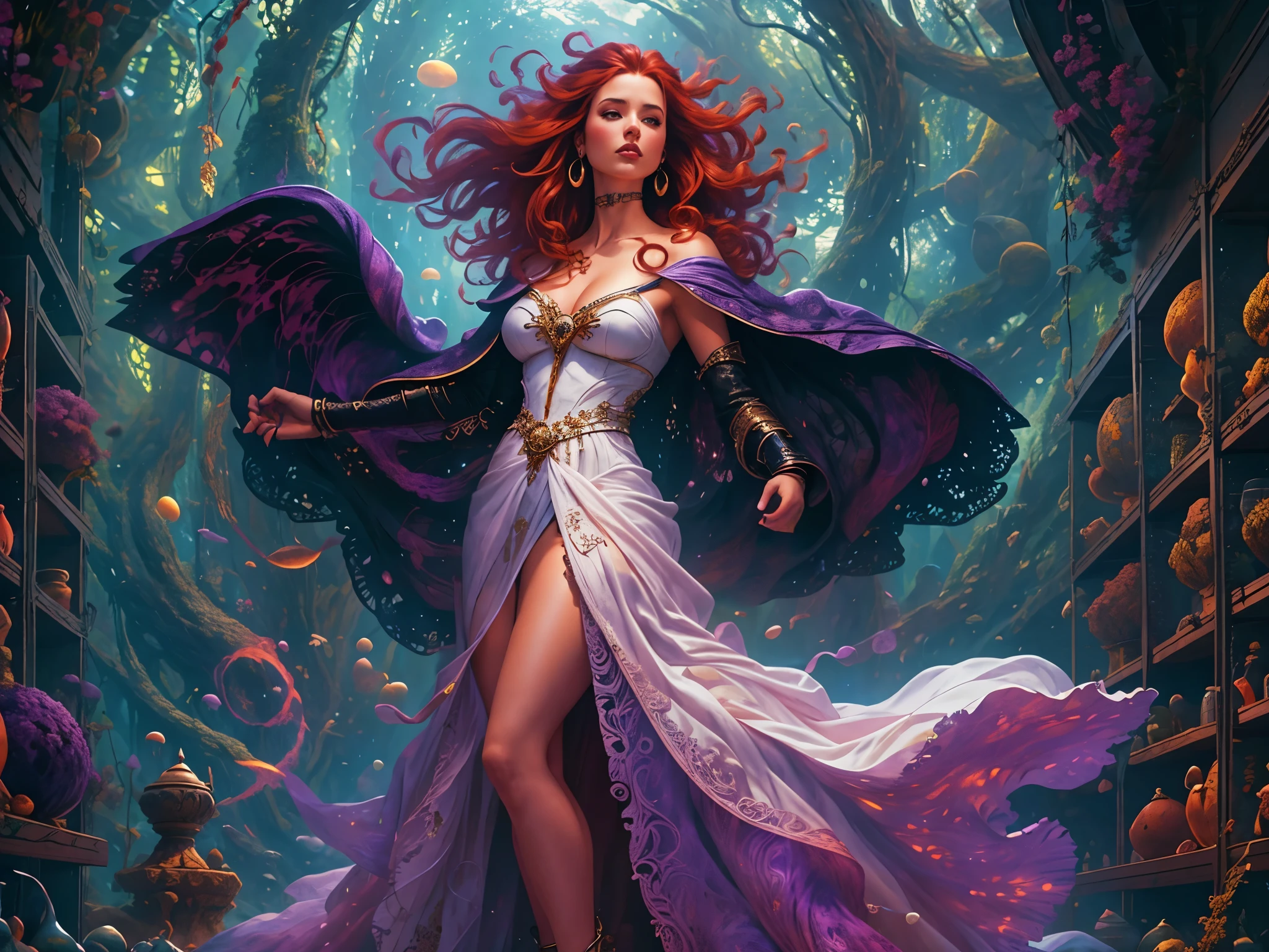 high details, best quality, 8k, [ultra detailed], masterpiece, best quality, (extremely detailed), full body, ultra wide shot, julie bell style (ultra details, Masterpiece, best quality), fantasy art, dnd art,fantasy art, realistic art, a sorceress casting a Glowing Purple spell in magical library (ultra details, Masterpiece, best quality), exquisite beautiful human woman (ultra details, Masterpiece, best quality), red hair, long hair, (long black dress: 1.2), (white cloak: 1.3), high heeled boots (ultra details, Masterpiece, best quality) Glowing Purple