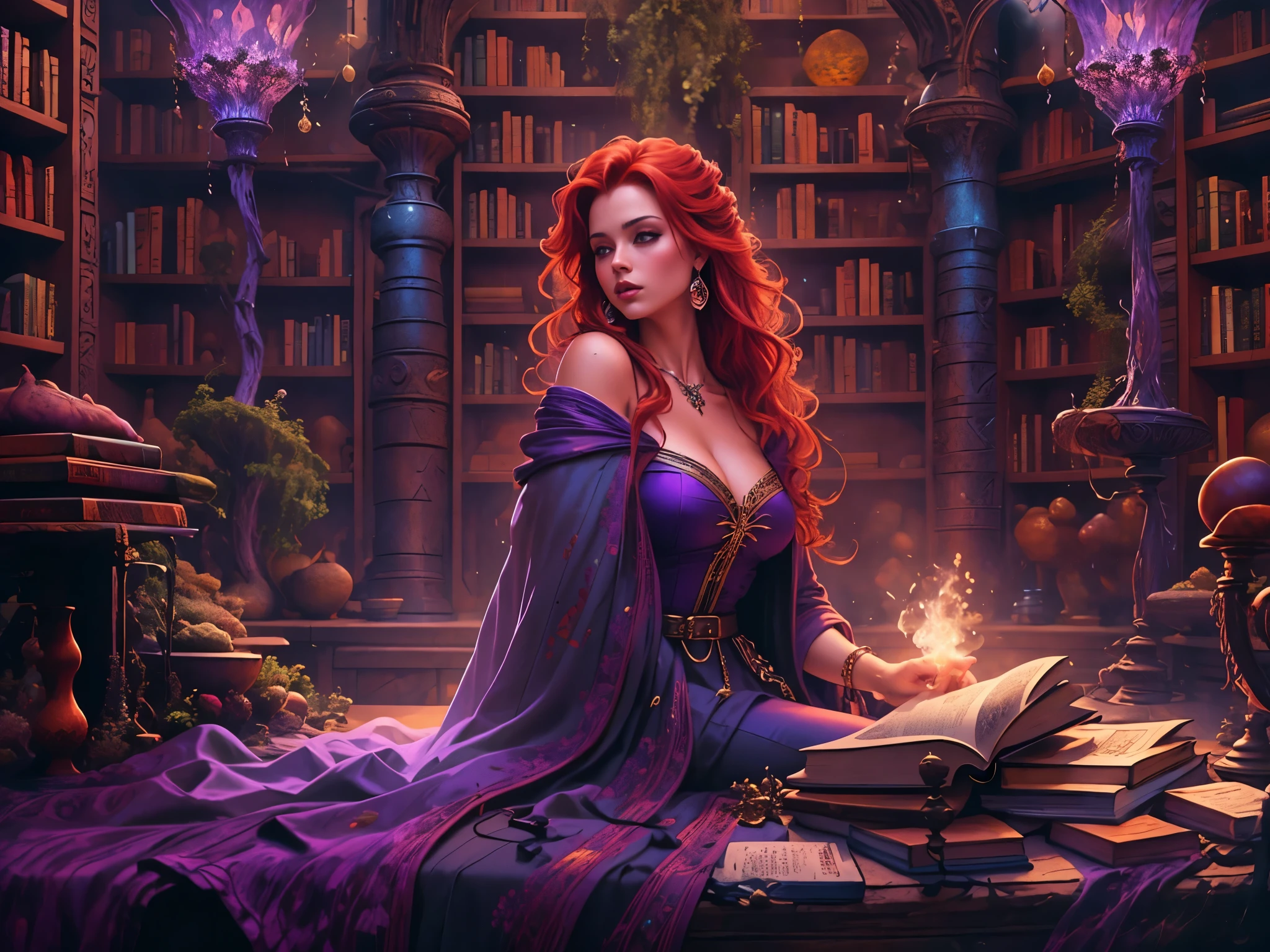 high details, best quality, 8k, [ultra detailed], masterpiece, best quality, (extremely detailed), full body, ultra wide shot, julie bell style (ultra details, Masterpiece, best quality), fantasy art, dnd art,fantasy art, realistic art, a sorceress casting a Glowing Purple spell in magical library (ultra details, Masterpiece, best quality), exquisite beautiful human woman (ultra details, Masterpiece, best quality), red hair, long hair, (long black dress: 1.2), (white cloak: 1.3), high heeled boots (ultra details, Masterpiece, best quality) Glowing Purple