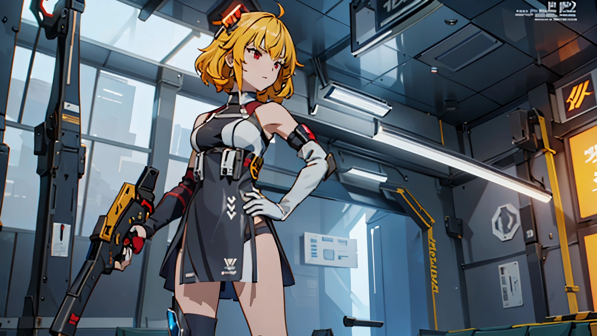 The alone young girl , short light blond hair , red eyes , lone character , standing , shotgun , sci-fi city , High detail mature face, combat suit, white glove, black boot, high res, ultra sharp, She stands confidently in the center of the posteghting a enemy like mechanic cyborg，a determined expression on her face。The background is dark and gritty，There is a sense of danger and a strong feeling。The text is bold and eye-catching，With catchy slogans，Adds to the overall drama and excitement。The color palette is dominated by dark colors，Dotted with bright colorake the poster dynamic and visually striking，(Magazines:1.3), (Cover-style:1.3), Fashion, vibrant, Outfit, posing on a, Front, rich colorful，Background with，element in，self-assured，Expressing the，halter，statement，Attachment，A majestic，coil，Runt，Touching pubic area，Scenes，text，Cover of a，boldness，attention-grabbing，titles，Fashion，typeface，，Best quality at best，Hyper-detailing，8K ，hyper HD