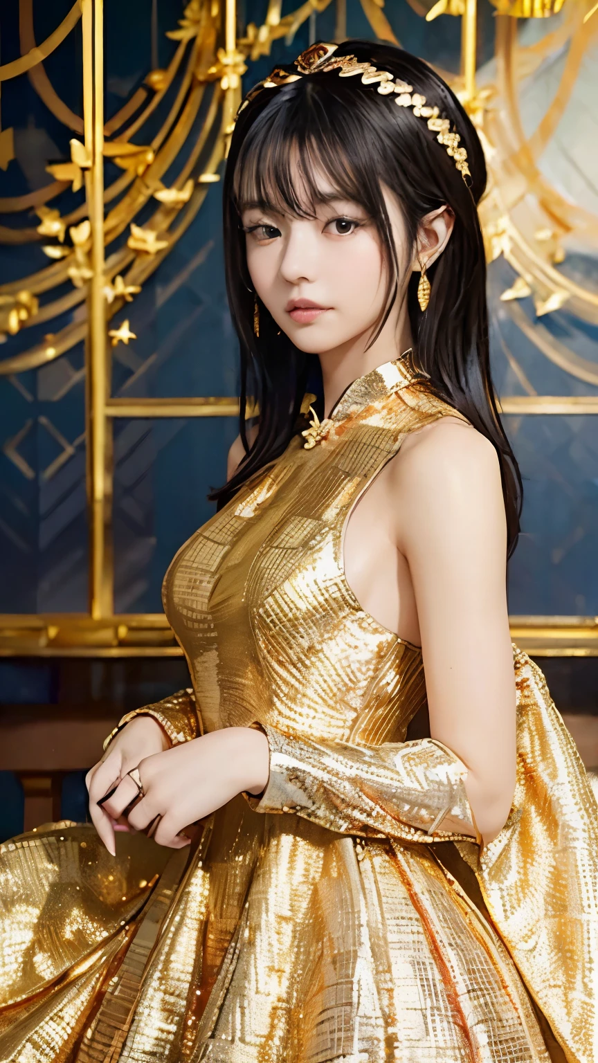 black hair, Surrealism, 8k, super detail, UHD, masterpiece, ccurate, anatomically correct, textured skin, super detail, high details, high quality, best quality, 8k，Beautiful woman，(golden dress:1.5)，Glittering costumes，Princess，western castle