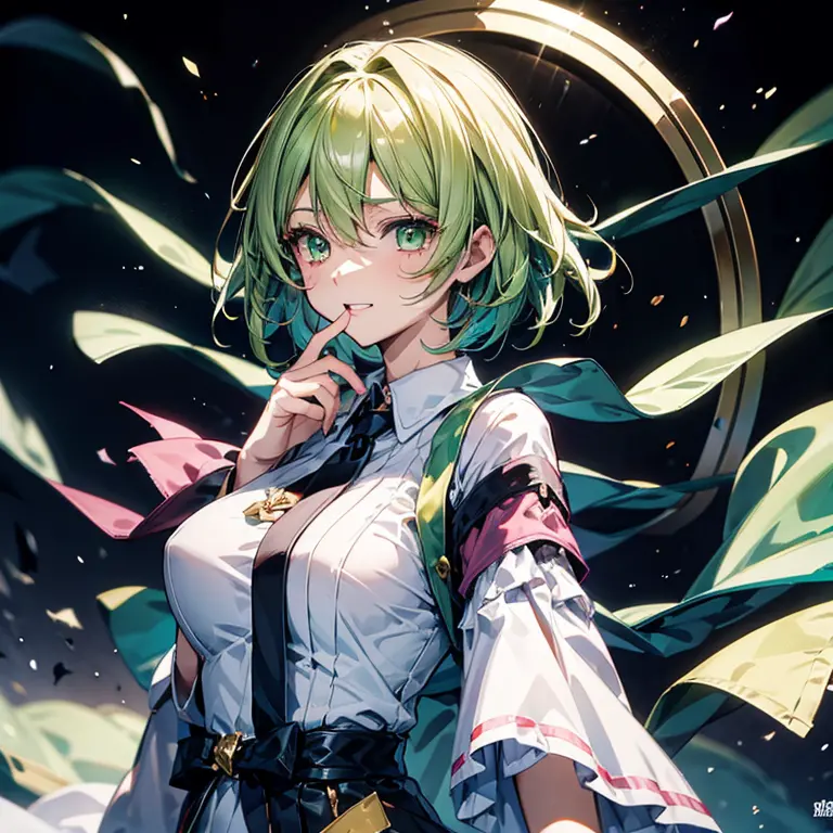 masterpiece、top-quality、超a high resolution、2d beautiful girl、animesque、teens girl、green colored hair、short-haired、vampire-like f...