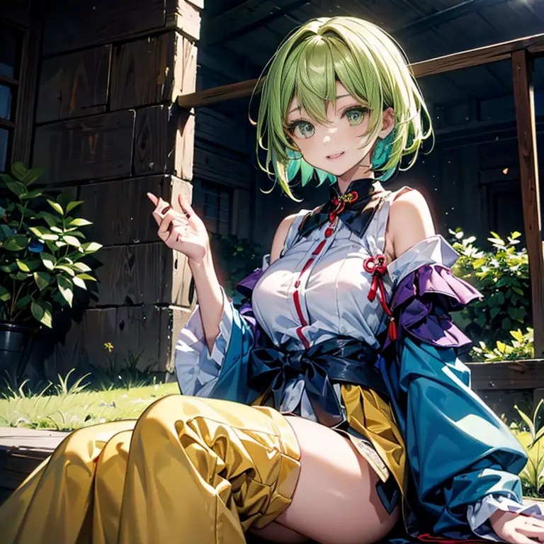 masterpiece、top-quality、超A high resolution、2D Beautiful Girl、animesque、teens girl、green colored hair、short-haired、Vampire-like f...
