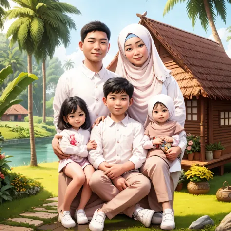 arafed family posing for a picture in front of a house, an indonesian family portrait, happy family, realism artstyle, family po...
