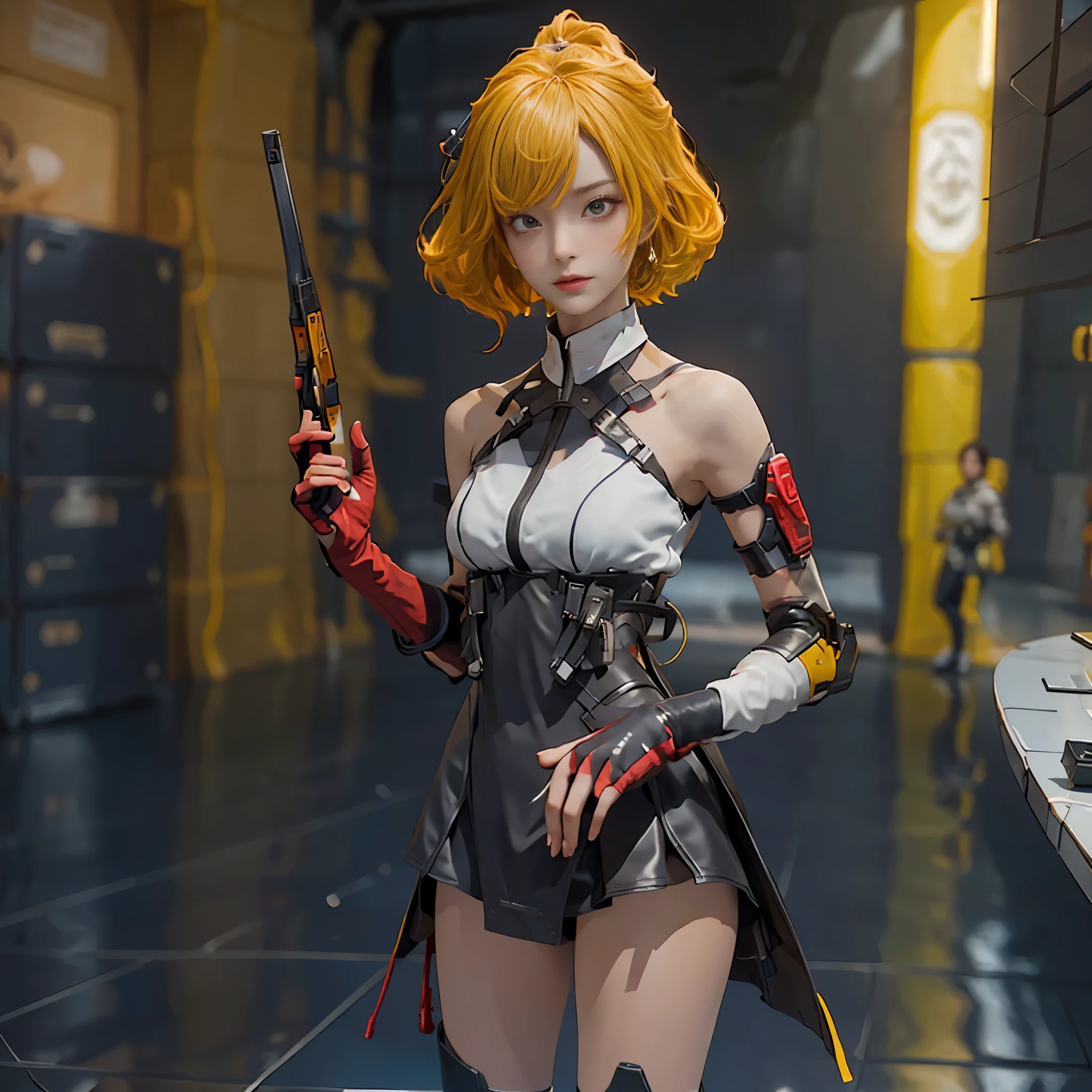 The alone young short blond hair with red eyes woman as the lone character, stand alone holding a sci-fi shotgun , sci-fi city , High detail mature face, combat suit, white glove, black boot, high res, ultra sharp, She stands confidently in the center of the posteghting a enemy like mechanic cyborg，a determined expression on her face。The background is dark and gritty，There is a sense of danger and a strong feeling。The text is bold and eye-catching，With catchy slogans，Adds to the overall drama and excitement。The color palette is dominated by dark colors，Dotted with bright colorake the poster dynamic and visually striking，(Magazines:1.3), (Cover-style:1.3), Fashion, vibrant, Outfit, posing on a, Front, rich colorful，Background with，element in，self-assured，Expressing the，halter，statement，Attachment，A majestic，coil，Runt，Touching pubic area，Scenes，text，Cover of a，boldness，attention-grabbing，titles，Fashion，typeface，，Best quality at best，Hyper-detailing，8K ，hyper HD