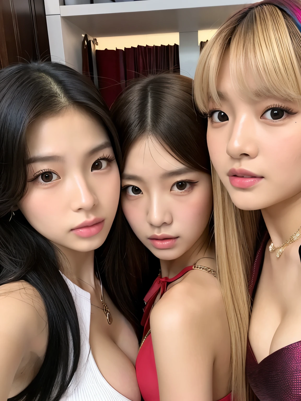 Three asian women posing for a picture in a room - SeaArt AI