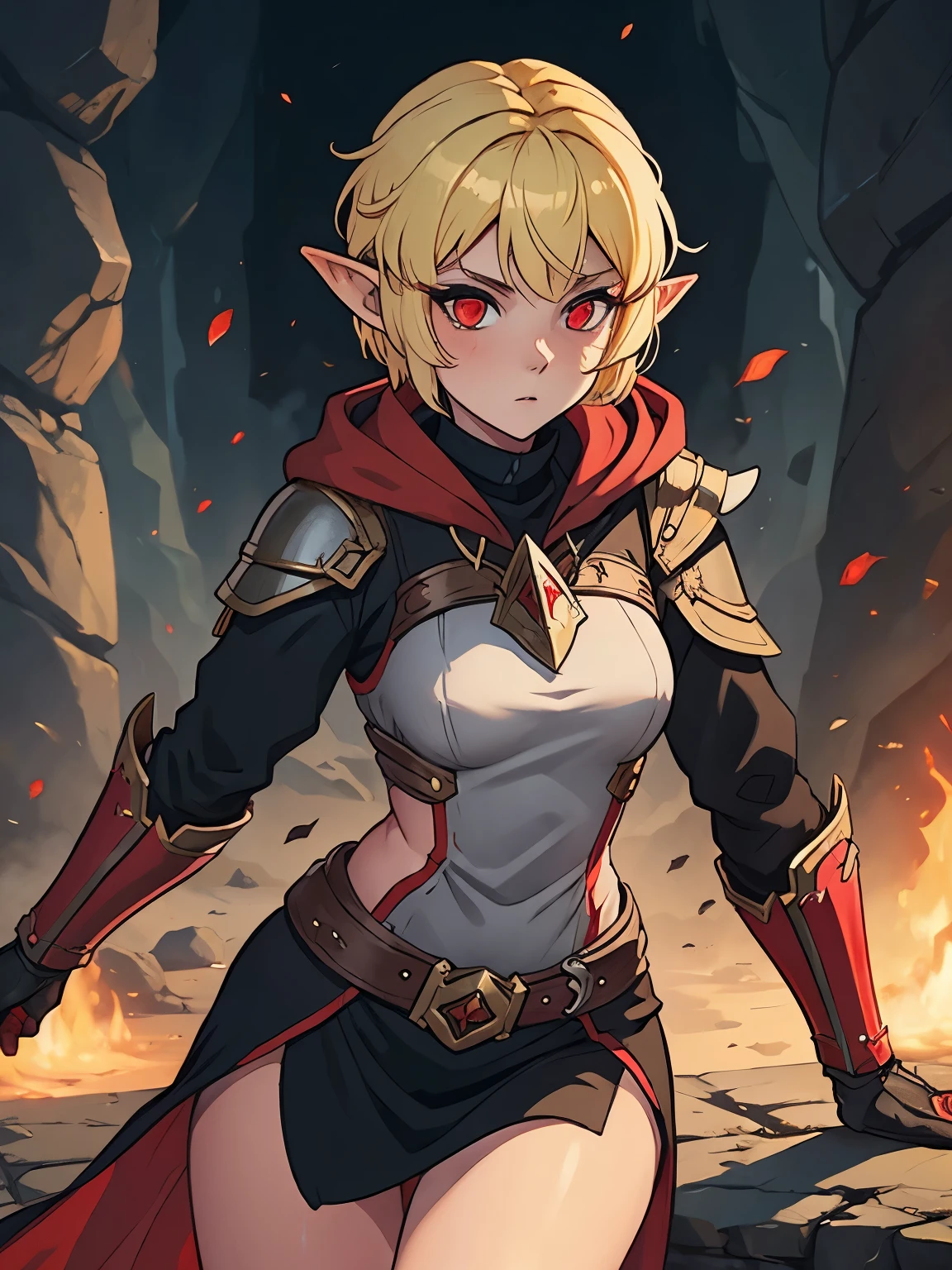 female elf witch, with short blonde hair, red eyes, wearing black armor,