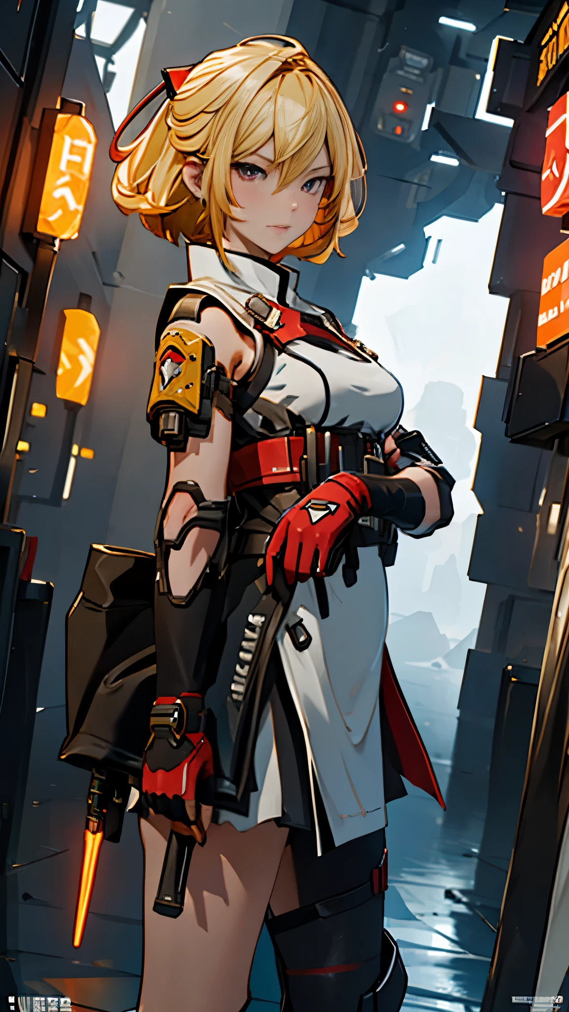 The alone young girl , short light blond hair , red eyes , standing , shotgun , sci-fi city , High detail mature face, combat suit, white glove, black boot, high res, ultra sharp, She stands confidently in the center of the posteghting a enemy like mechanic cyborg，a determined expression on her face。The background is dark and gritty，There is a sense of danger and a strong feeling。The text is bold and eye-catching，With catchy slogans，Adds to the overall drama and excitement。The color palette is dominated by dark colors，Dotted with bright colorake the poster dynamic and visually striking，(Magazines:1.3), (Cover-style:1.3), Fashion, vibrant, Outfit, posing on a, Front, rich colorful，Background with，element in，self-assured，Expressing the，halter，statement，Attachment，A majestic，coil，Runt，Touching pubic area，Scenes，text，Cover of a，boldness，attention-grabbing，titles，Fashion，typeface，，Best quality at best，Hyper-detailing，8K ，hyper HD