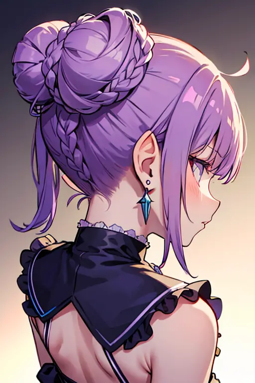 pointy ears, earrings, jewelry, hair bun, 1girl, double bun, braid, multiple views, purple hair, drill hair, from behind