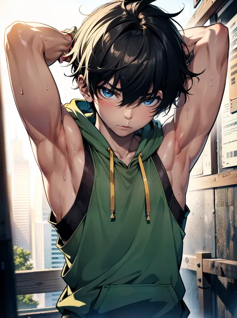 Highres, Masterpiece, Best quality at best,Best Quality,hight quality, hight detailed, 1boy, Shota, Sleeveless hoodie, Looks lik...