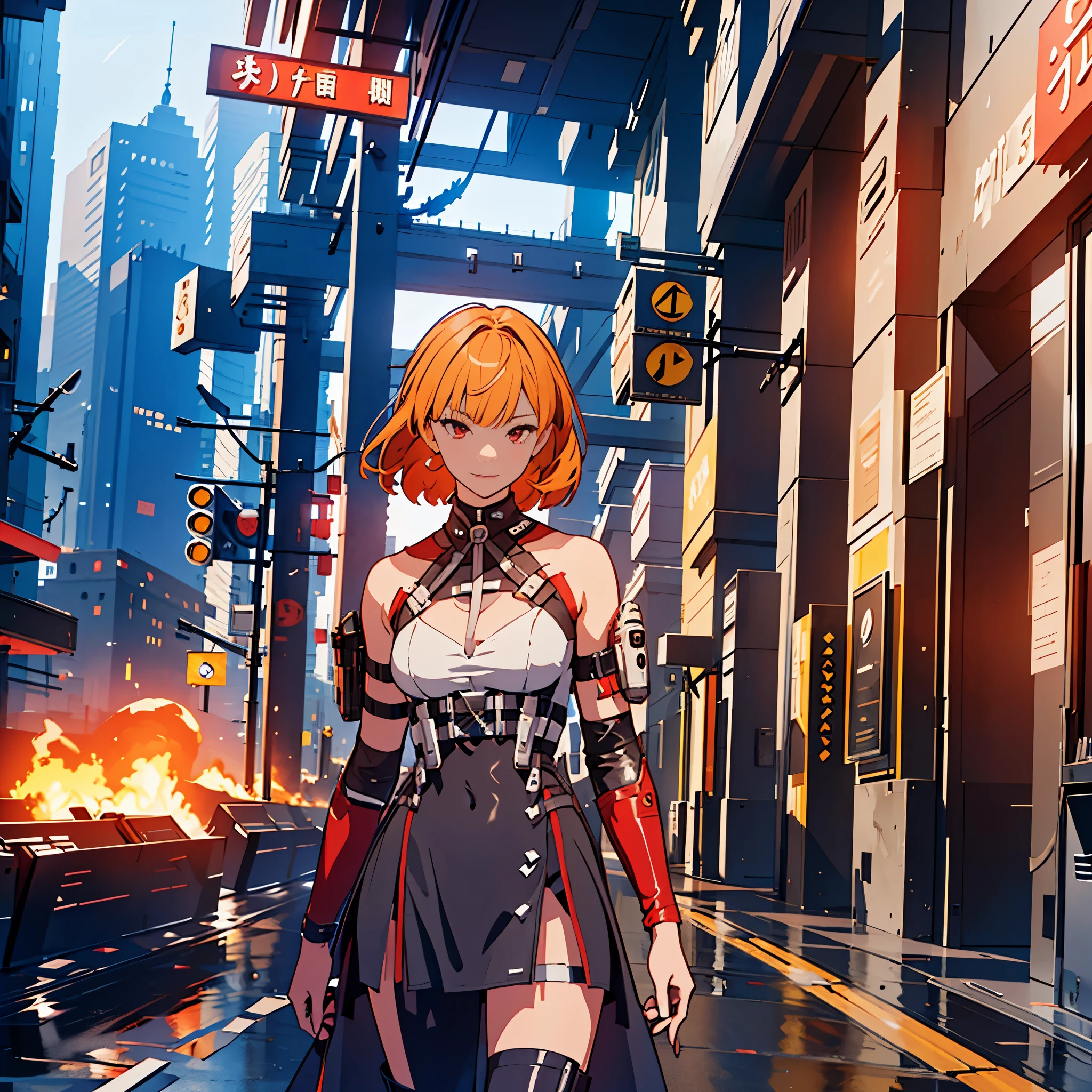 The alone young girl , short light blond hair , red eyes , standing , shotgun , sci-fi city , High detail mature face, combat suit, white glove, black boot, high res, ultra sharp, She stands confidently in the center of the posteghting a enemy like mechanic cyborg，a determined expression on her face。The background is dark and gritty，There is a sense of danger and a strong feeling。The text is bold and eye-catching，With catchy slogans，Adds to the overall drama and excitement。The color palette is dominated by dark colors，Dotted with bright colorake the poster dynamic and visually striking，(Magazines:1.3), (Cover-style:1.3), Fashion, vibrant, Outfit, posing on a, Front, rich colorful，Background with，element in，self-assured，Expressing the，halter，statement，Attachment，A majestic，coil，Runt，Touching pubic area，Scenes，text，Cover of a，boldness，attention-grabbing，titles，Fashion，typeface，，Best quality at best，Hyper-detailing，8K ，hyper HD