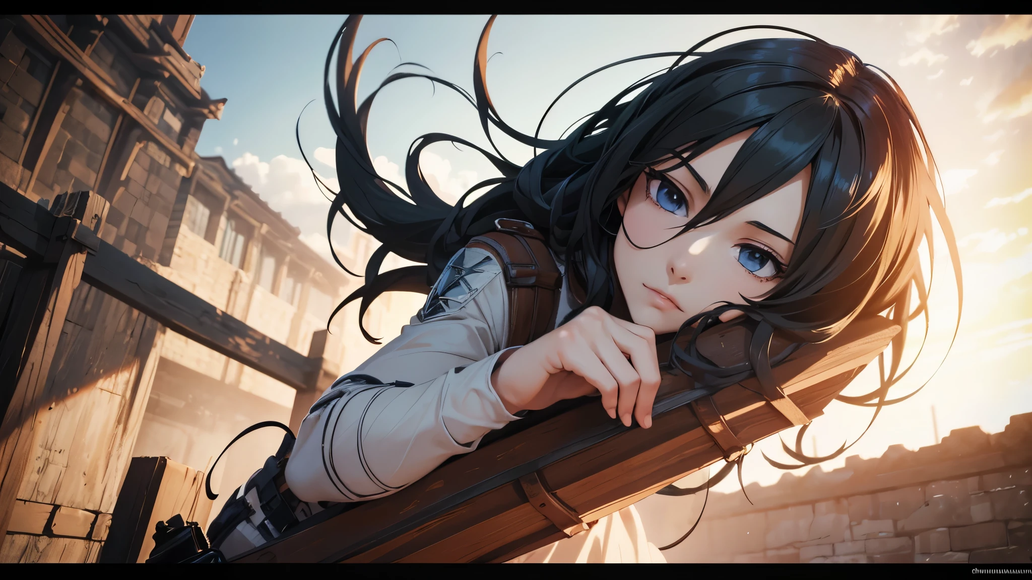 (best quality,4k,8k,highres,masterpiece:1.2),ultra-detailed,(realistic,photorealistic,photo-realistic:1.37),HDR,UHD,studio lighting,ultra-fine painting,sharp focus,physically-based rendering,extreme detail description,professional,vivid colors,bokeh,portraits Mikasa Ackerman from the anime "Attack on Titan", climbing a sheer wall with her equipment (a massive 30-meter wall). She is of a seductive appearance, with a slender figure, long legs, and a large bust. Her eyes are fiery and captivating. The artwork is of the highest quality, with a resolution of 4k, 8k, or even higher. The level of detail is astonishing, making the image look extremely realistic and photorealistic. The lighting is carefully crafted to enhance the overall look and feel of the artwork. Mikasa's character is portrayed in a way that truly captures her essence. The colors are vibrant and lively, creating a visually stunning piece of art. The focus is razor-sharp, with every tiny detail beautifully rendered. The painting technique used is akin to ultra-fine painting, showcasing the artist's mastery. The artwork is created using physically-based rendering techniques, ensuring the highest level of realism. Every little detail is described with extreme precision, bringing the image to life. The overall composition and framing of the artwork are done by a professional artist, resulting in a masterpiece worthy of admiration. The artwork has a sense of depth and three-dimensionality, creating a captivating sense of immersion. The style of the artwork is focused on capturing the essence of portraits, highlighting Mikasa's unique features and personality. The colors used in the artwork are carefully chosen to create a specific mood or atmosphere. The lighting in the artwork is meticulously crafted to enhance the overall look and feel of the scene.