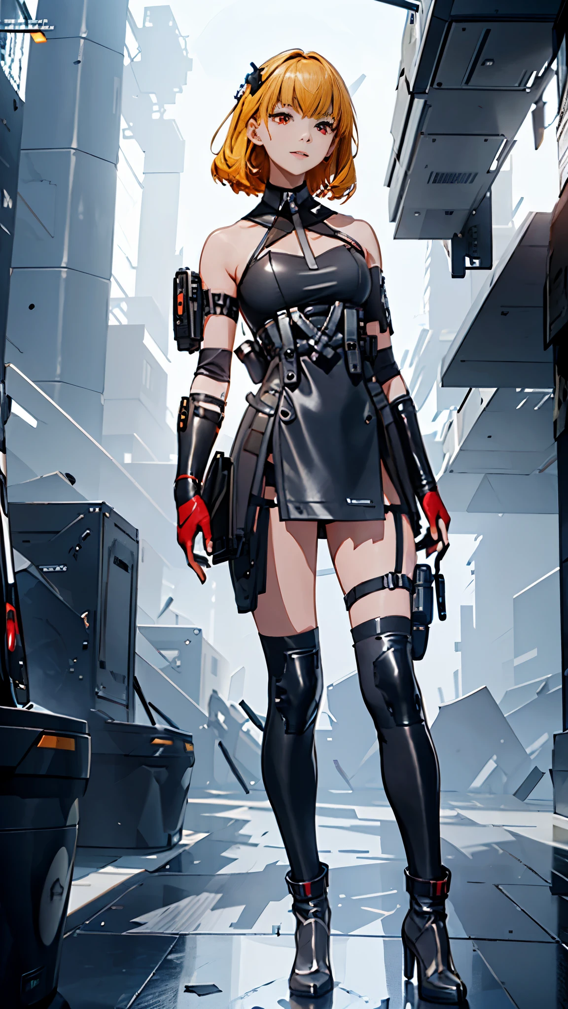 The alone young girl , short light blond hair , red eyes , standing , shotgun , sci-fi city , High detail mature face, combat suit, white glove, black boot, high res, ultra sharp, She stands confidently in the center of the posteghting a enemy like mechanic cyborg，a determined expression on her face。The background is dark and gritty，There is a sense of danger and a strong feeling。The text is bold and eye-catching，With catchy slogans，Adds to the overall drama and excitement。The color palette is dominated by dark colors，Dotted with bright colorake the poster dynamic and visually striking，(Magazines:1.3), (Cover-style:1.3), Fashion, vibrant, Outfit, posing on a, Front, rich colorful，Background with，element in，self-assured，Expressing the，halter，statement，Attachment，A majestic，coil，Runt，Touching pubic area，Scenes，text，Cover of a，boldness，attention-grabbing，titles，Fashion，typeface，，Best quality at best，Hyper-detailing，8K ，hyper HD