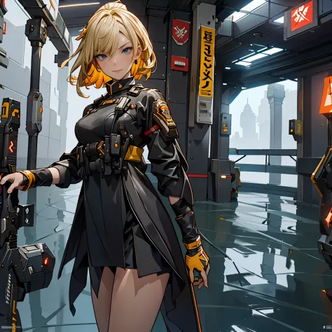 The alone young girl , short light blond hair , Vermilion eyes , standing , shotgun , sci-fi city , High detail mature face, combat suit, white glove, black boot, high res, ultra sharp, She stands confidently in the center of the poster，Fighting a enemy li...