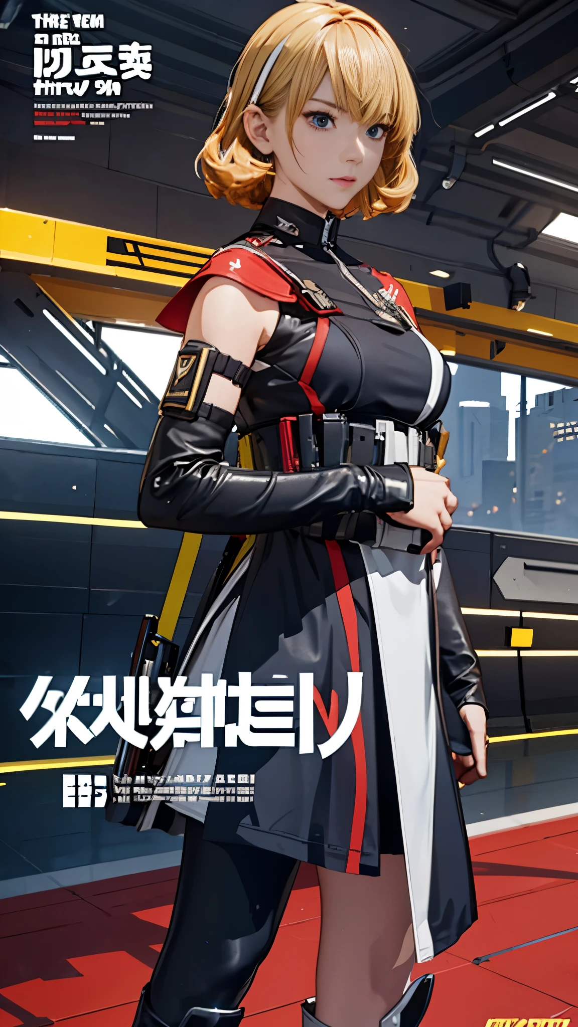 The alone young girl , short light blond hair , Vermilion eyes , standing , shotgun , sci-fi city , High detail mature face, combat suit, white glove, black boot, high res, ultra sharp, She stands confidently in the center of the posteghting a enemy like mechanic cyborg，a determined expression on her face。The background is dark and gritty，There is a sense of danger and a strong feeling。The text is bold and eye-catching，With catchy slogans，Adds to the overall drama and excitement。The color palette is dominated by dark colors，Dotted with bright colorake the poster dynamic and visually striking，(Magazines:1.3), (Cover-style:1.3), Fashion, vibrant, Outfit, posing on a, Front, rich colorful，Background with，element in，self-assured，Expressing the，halter，statement，Attachment，A majestic，coil，Runt，Touching pubic area，Scenes，text，Cover of a，boldness，attention-grabbing，titles，Fashion，typeface，，Best quality at best，Hyper-detailing，8K ，hyper HD