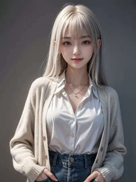masterpiece, best quality, ultra detailed, 1girl, japanese, 20 years old, platinum hair color, medium curly hair, swept bangs, light gray cardigan, (white
 collared shirt), flat chest, slim body, evil grin, dutch angle, simple necklace,