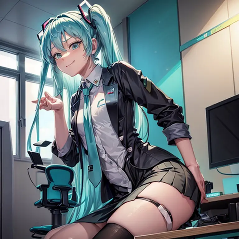 masterpiece, hatsune miku, giantess, looming over tiny guy, indoors, office worker uniform, glaring, smirk, intimidating, domina...