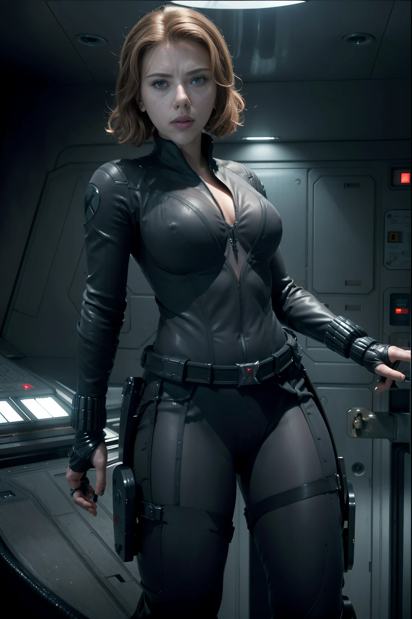 ((mejor calidad)), ((Obra maestra)), ((Scarlett Johansson)) (detallado), cara perfecta, mujer juguetona de 20 años, Sensual pose. Dentro de una nave espacial, wearing highly detallado futuristic skimpy halo armor, desnudo.