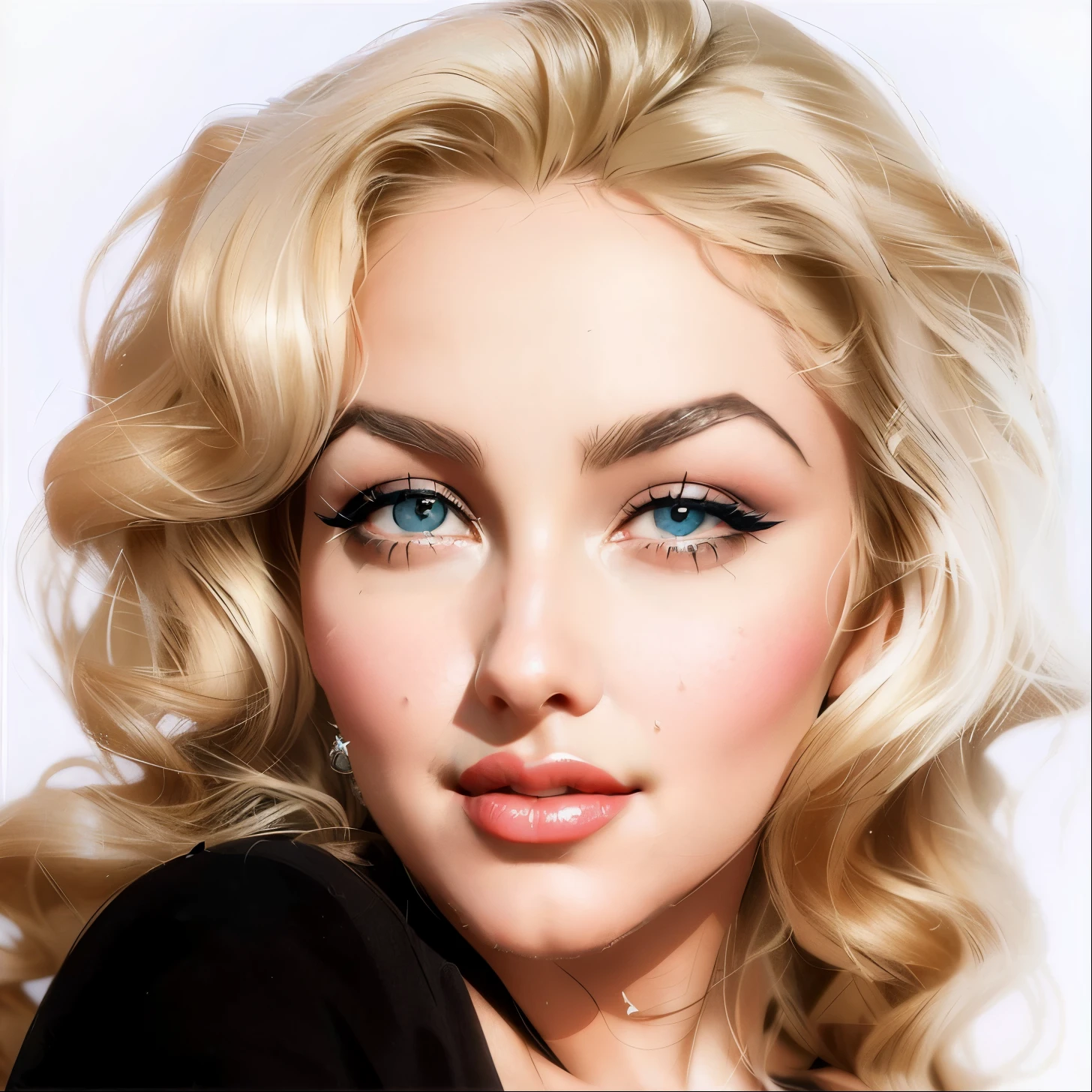 un gros plan d’une femme aux cheveux blonds et au haut noir, visage comme Marilyn Monroe, image divulguée, la plus belle femme du monde, Madone, a colorisé photo, colorisé, inspired par Tina Blondell, actrice, Elena Belova, par Tina Blondell, Coup glamour, look à couper le souffle, inspiré par Marilyn Bendell, Carmen Dell&#39;orfèvre, Madone portrait