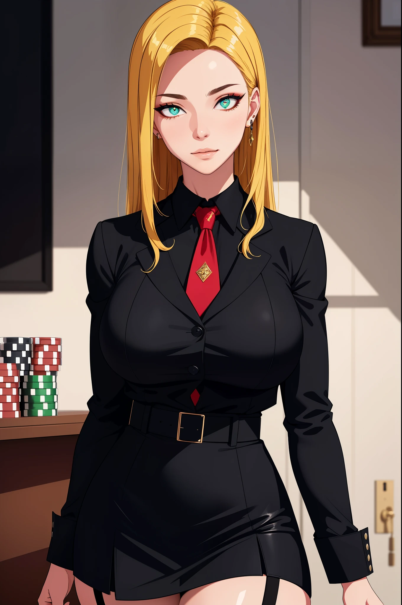 (masterpiece, highres, best quality:1.2), 8K, highly detailed, intricate, colorful, vibrant image, sharp focus, cinematic)  blonde hair, long hair, green eyes, body builder (Wearing black business outfit, black_collared shirt cropped jacket ,tie,necktie,black frilled skirt, garter straps, leather waist belt) (big perfect round breasts,hourglass body, thin waist,very thin waist, Photo realistic,(hyperrealistic:1)beautiful, masterpiece, best quality, extremely detailed face,perfect face,beautiful face, perfect lighting,detailed eye makeup, detail face, nice detailed eyes,nice hands, perfect hands,glowing eyes (realistic pupils,realistic iris:1) heavy eye makeup,(empty Casino)(Posing dynamically)