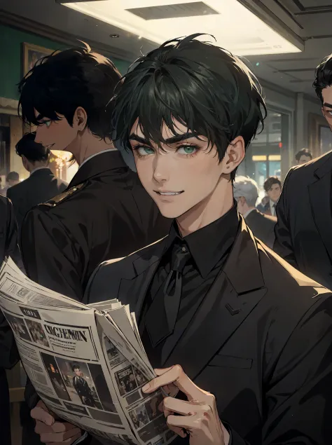 ((One young man in a black suit and tie)), Gotham, alejandro, (((Dark short hair swept to the side))), (dark green eyes and thic...