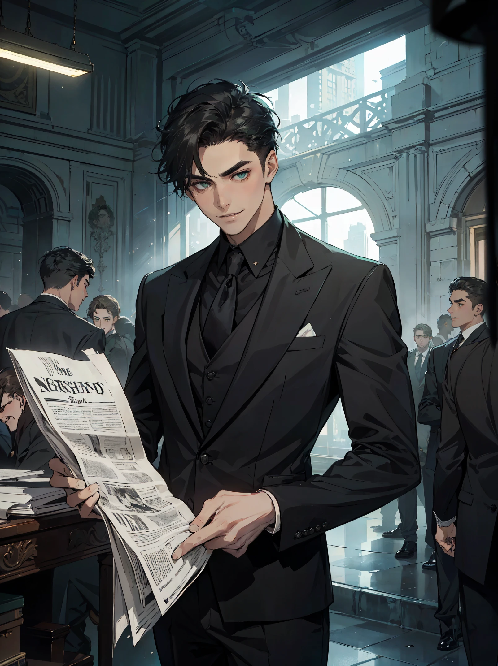 ((One young man in a black suit and tie)), Gotham, alejandro, (((Dark short hair swept to the side))), (dark green eyes and thick eyebrows), grin, ((20-year-old)), ((masterpiece)), read the newspaper , ((cinematic lighting)),