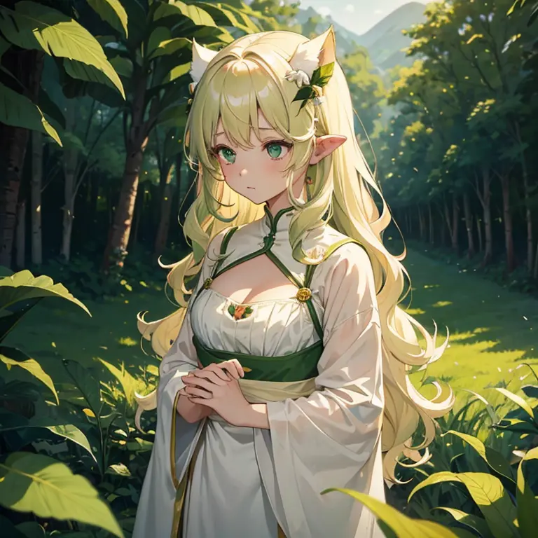 cream hair color,girl,cream clothes,green hair ornament,leaf-like ears,kind,generous,perm hair,sexy,cleavage,cutout,alone,natura...