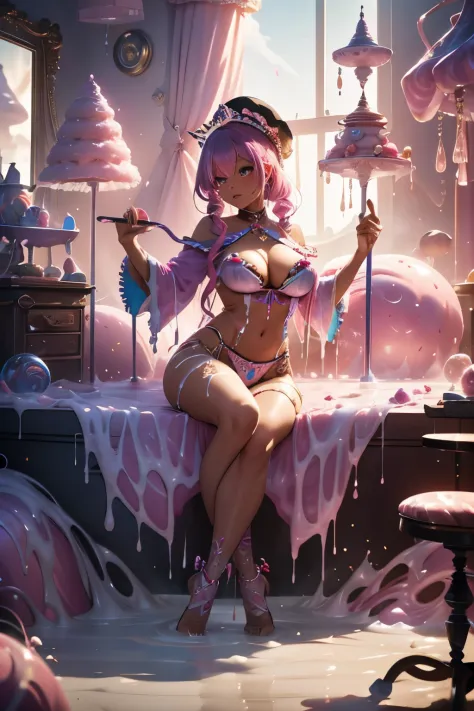 A beautiful alluring candy hybrid african female, covered in gooey sticky candy, curly afro pink cotton candy hair, dark skin, inside a gooey candy filled river at fantasy candy castle room, stripping on a dance pole, dance pole is made of striped candy, w...