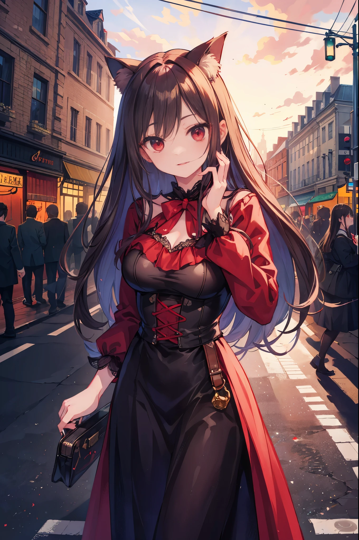 (((Top quality and highly detailed photorealism)))，((Vampire Woman: Red Eyes、Very ),(Walk gracefully along bustling  boulevards),(In the moonlight),(a scene from a movie:1.2))