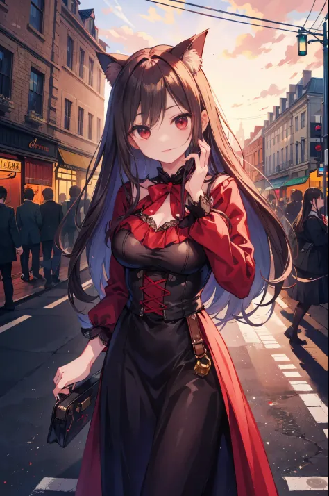 (((Top quality and highly detailed photorealism)))，((Vampire Woman: Red Eyes、Very ),(Walk gracefully along bustling  boulevards)...