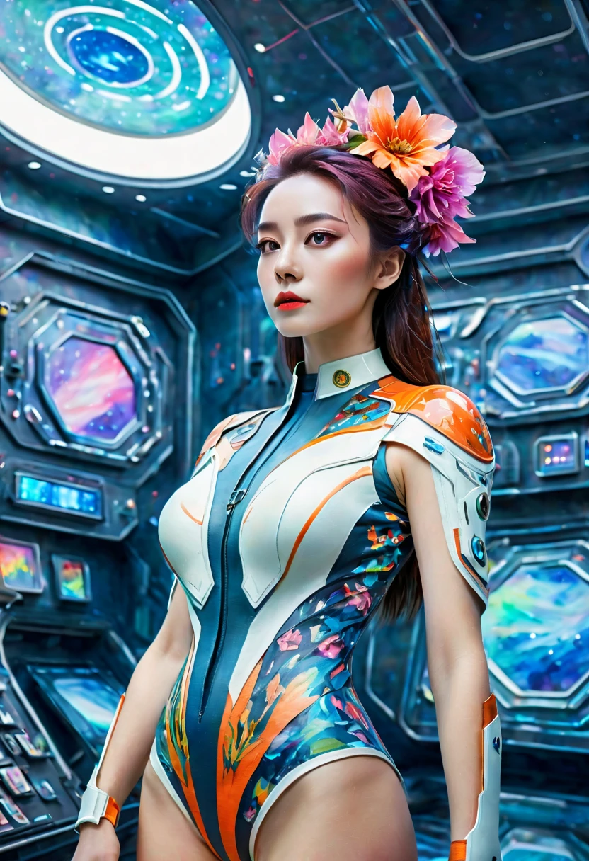 Full body portrait of 24 year old female starship captain on futuristic sci-fi background，Emphasizing her entire figure and starship interior。She wears a stylish modern captain，Stand confidently，It is both fashionable and shows off her military rank.。Her expression is calm、Calm and a touch of cuteness all in one，People fell in love with it immediately。The background shows the interior of a starship，Advanced technical control、Screens and futuristic design elements，Enhanced science fiction theme。This scene should reflect her leadership skills and the advanced environment of the starship，Portraying her as a competent and admirable captain in the future world, (floral watercolor painting:1.5)，(Super high saturation, bright and vivid colors:1.5), (nsfw), (Look at the audience head-on:1.5)，((Vision:1.8))