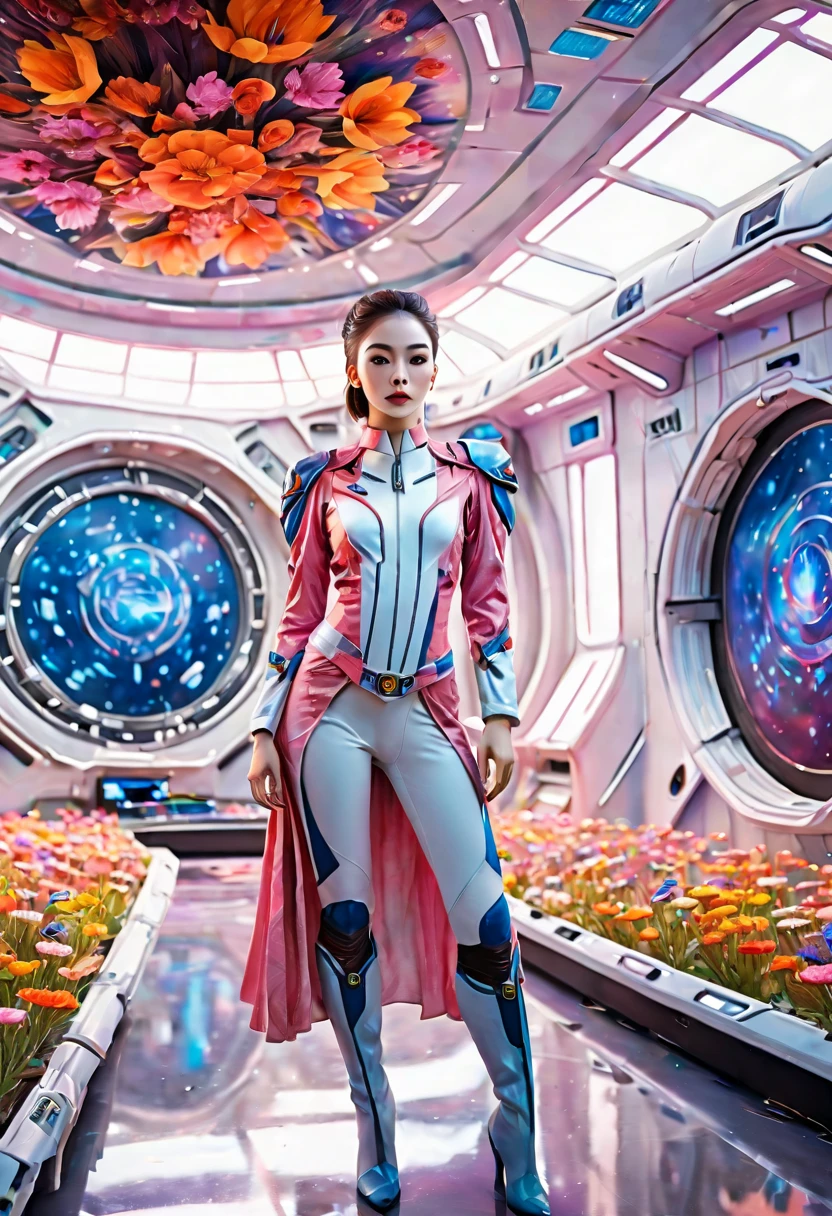 Full body portrait of 24 year old female starship captain on futuristic sci-fi background，Emphasizing her entire figure and starship interior。She wears a stylish modern captain，Stand confidently，It is both fashionable and shows off her military rank.。Her expression is calm、Calm and a touch of cuteness all in one，People fell in love with it immediately。The background shows the interior of a starship，Advanced technical control、Screens and futuristic design elements，Enhanced science fiction theme。This scene should reflect her leadership skills and the advanced environment of the starship，Portraying her as a competent and admirable captain in the future world, (floral watercolor painting:1.5)，(Super high saturation, bright and vivid colors:1.5), (nsfw), (Look at the audience head-on:1.5)，((Vision:1.8))