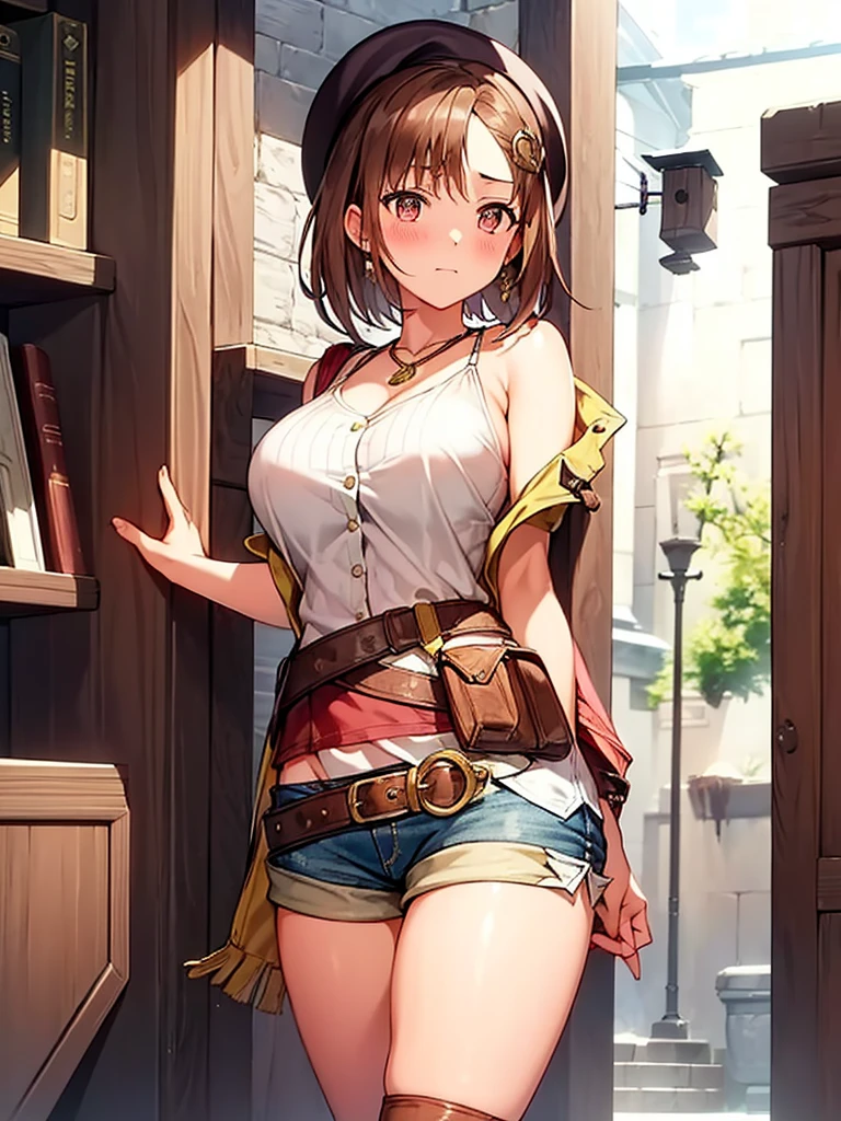 ((blush:1.2)), 1 girl, riser, atelier, Alchemist, beret, short hair, (((white shirt))), (very short shorts:1.2), over the knee boots, looking at the viewer, big breasts, extremely thick thighs, embarrassing, outdoor, Depth of written boundary, Curvaceous, adult woman, cowboy shot, Erotic positions, (leaning forward),