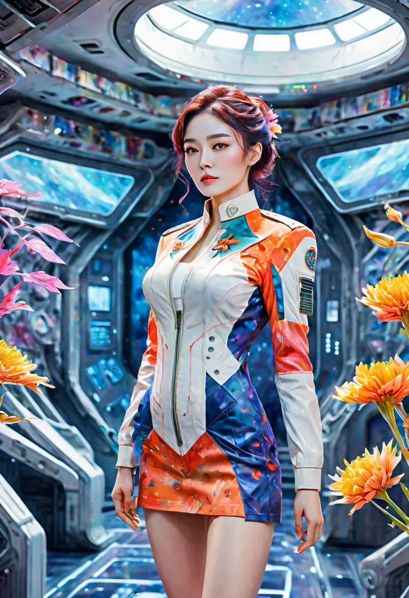 full body portrait of 24 year old female starship captain on futuristic sci-fi background，emphasizing her entire figure and star...