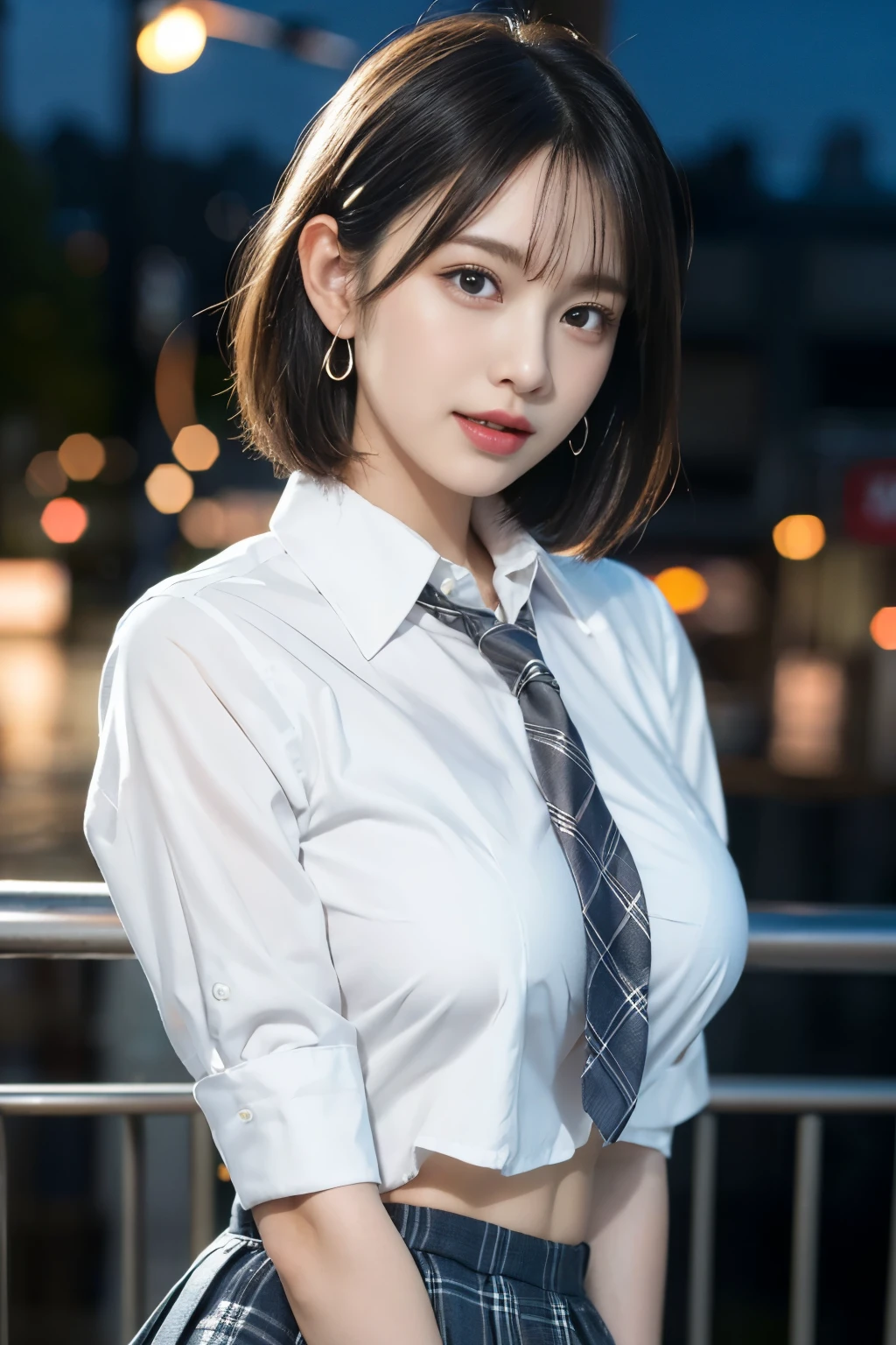 best image quality, RAW photo, ultra high resolution, taken from the side, gentle smile, golden ratio face、(boob:1.2), tie, ribbon, school uniform, collared shirt, school uniform shirt, Navel soup、(plaid mini skirt:1.2),emphasize the thighs、Facial expressions waiting for a kiss、Fair skin, glossy white skin, Wavy longhair、Braided hair, bright silver hair, light gray hair, neatly arranged bangs, beautiful eyes, beautiful eyes of random colors, very thin lips, beautiful eyes with details, elongated eyes, pale pink cheeks, long eyelashes, beautiful double eyelids, eye shadow, earrings, beautiful and detailed sky,Detailed Tokyo cityscape,night, beautiful and fine eyes,(collared shirt:1.1), ちょうtie,pleated skirt,(short hair:1.2),floating hair、night景が綺麗な屋上に座っている