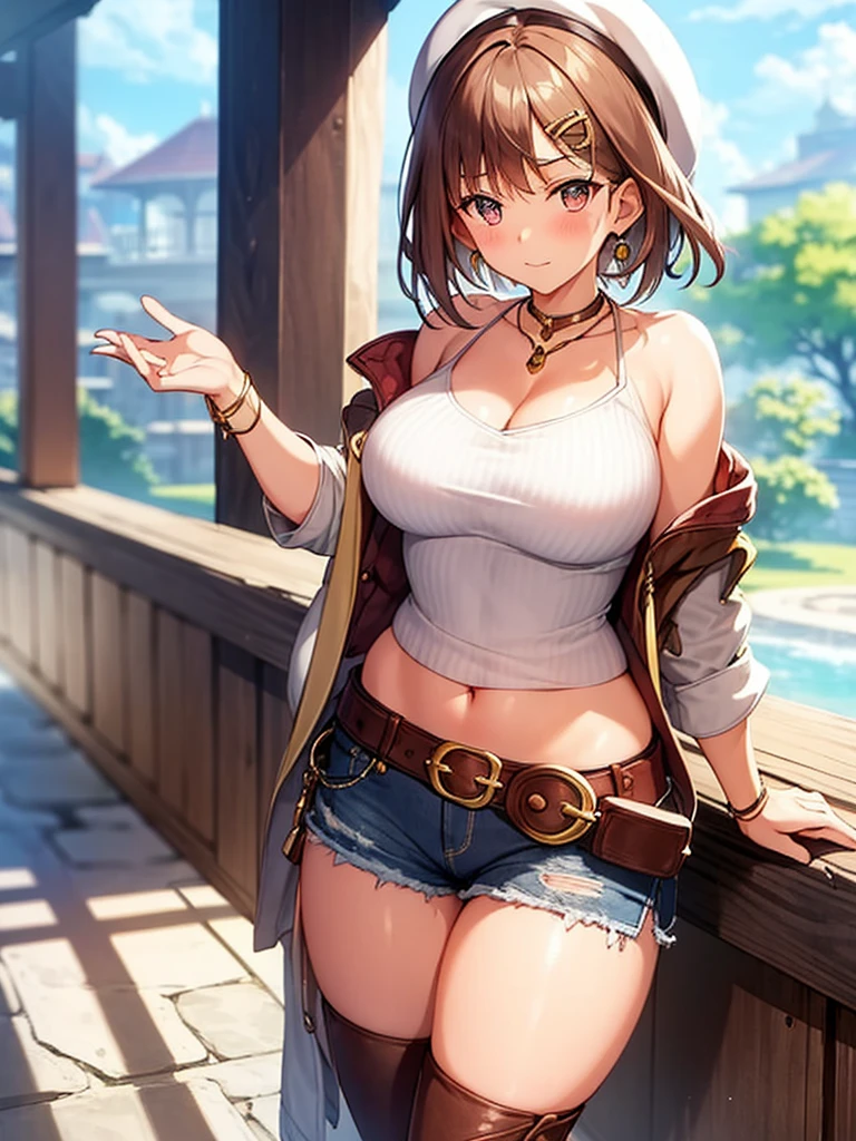 ((blush:1.2)), 1 girl, riser, atelier, Alchemist, beret, short hair, (((white shirt))), (very short shorts:1.2), over the knee boots, thigh boots, Anklet on thigh, looking at the viewer, big breasts, extremely thick thighs, embarrassing, outdoor, Depth of written boundary, Curvaceous, adult woman, cowboy shot, Erotic positions, close the legs, (leaning forward),