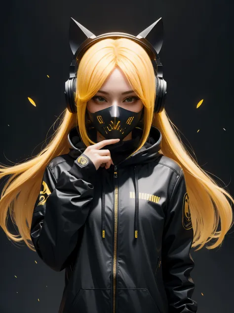 girl with long yellow hair, yellow eyes, futuristic atmosphere, Mask on the mouth, headphones, 8K, high quality, simple backgrou...