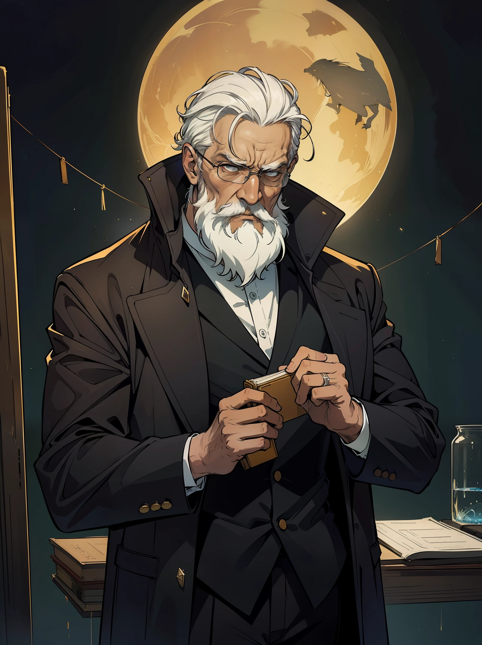 masterpiece:1.2, highest quality, disorganized, stained glass background, dark lighting, action shot, gritty, Man in a suit, Science fiction, Old man with combed white hair and beard, central portrait, in style of kentaro miura, (1 male), masculine man, somber expression, comics, Complex, surreal, Yellow filled halo behind his head as a symbol of the hanged man,