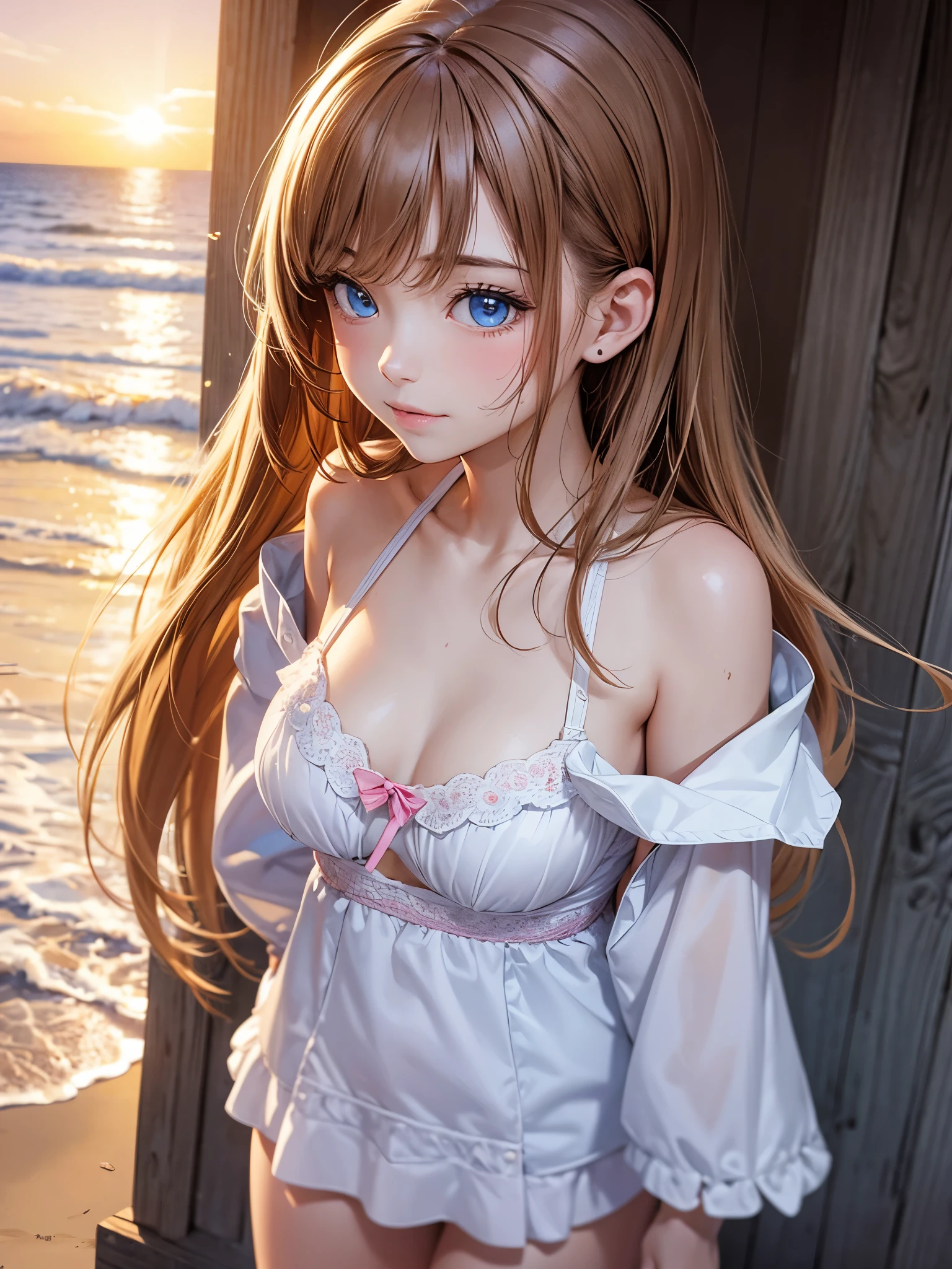 8K、master piece、highest quality、highest level、Highest image quality、muste piece、intricate details、high resolution、depth field、Natural light、professional lighting、(1 person)、solo、Anglo-Saxon girlish girl、(cute:1.2)、very beautiful cartoon girl、(high detail skin: 1.2)、Photorealistic anime girl rendering、Realistic anime 3D style、golden hair with details、crossed bangs、asymmetrical bangs、stick out ears、eyelashes、intense blue eyes、strong eye highlights、perfect anatomy、hands behind the back、very mysterious smile、Attractive、body wet with water、((12 year old girl))、white dress、wearing detailed pink underwear、cute bra、cute panties、sandbeach、beach side、Beach where you can see the sunset at 6pm、red sunset clouds、