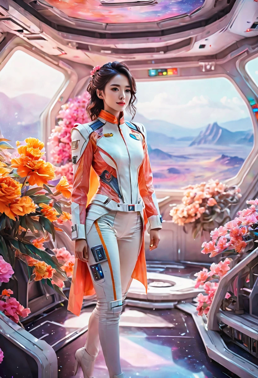 Full-length portrait of a 24-year-old female starship captain，In a futuristic sci-fi scenario，Highlighting her full body image and starship interior。she stands confidently，Captain dressed in futuristic sci-fi style，It is both fashionable and marks her class。her expression will be smiling、Calmness combined with a touch of cuteness，Make her instantly lovable。Background reveals the interior of the starship，Contains advanced technical controls、Screens and futuristic design elements，Enhanced science fiction theme。The scene should capture her leadership qualities and the advanced environment of the starship，Portraying her as a competent and admirable captain in the future world。, (floral watercolor painting:1.5)，(Super high saturation, bright and vivid colors:1.5), (nsfw), (Look at the audience head-on:1.5)