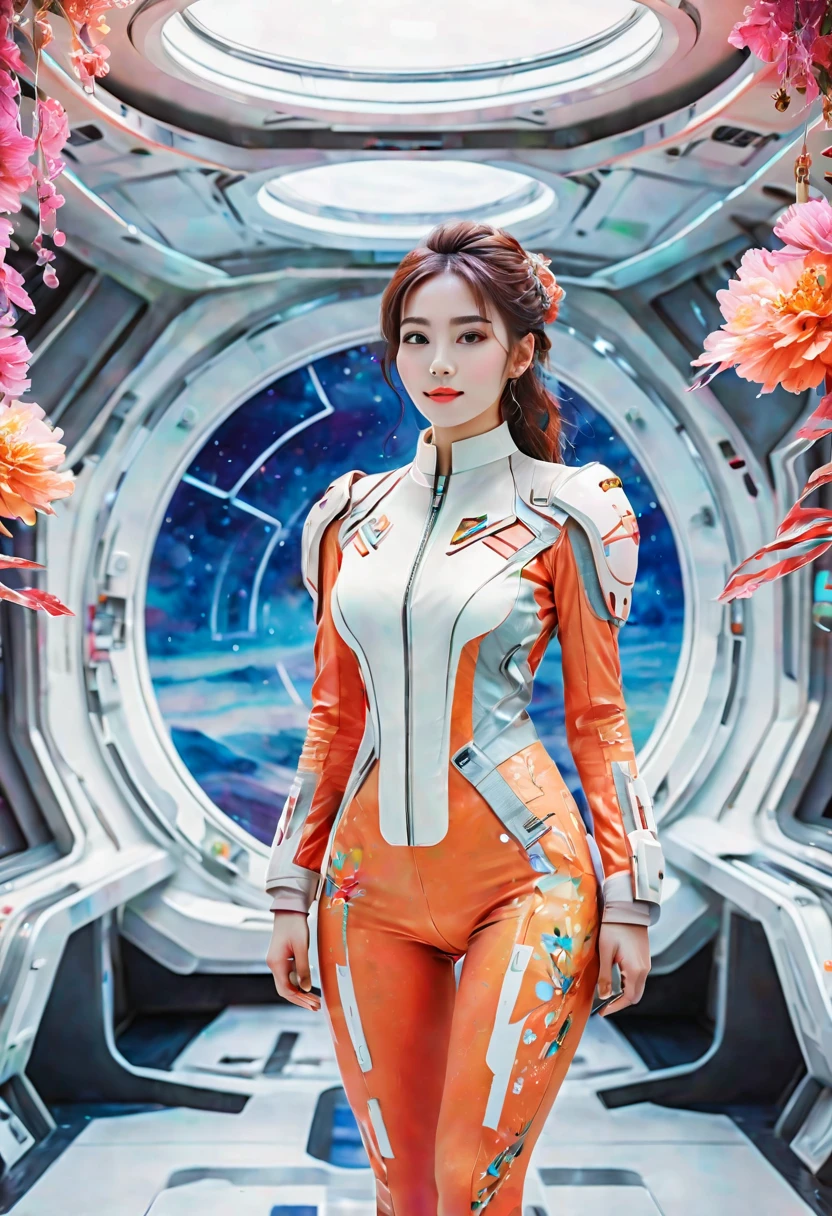 Retrato de corpo inteiro de duas capitãs de nave espacial，Em um cenário futurista de ficção científica，Destacando sua imagem de corpo inteiro e o interior da nave。Ela fica confiante，Capitão vestido em estilo futurista de ficção científica，Está na moda e marca sua classe。a expressão dela estará sorrindo、Calma aliada a um toque de fofura，Torne-a instantaneamente adorável。O fundo revela o interior da nave estelar，Contém controles técnicos avançados、Telas e elementos de design futurista，Tema de ficção científica aprimorado。A cena deve capturar suas qualidades de liderança e o ambiente avançado da nave estelar.，Retratando-a como uma capitã competente e admirável no mundo futuro。, (pintura floral em aquarela:1.5)，(saturação super alta, cores brilhantes e vivas:1.5), (NSFW), (Olhe para o público de frente:1.5)