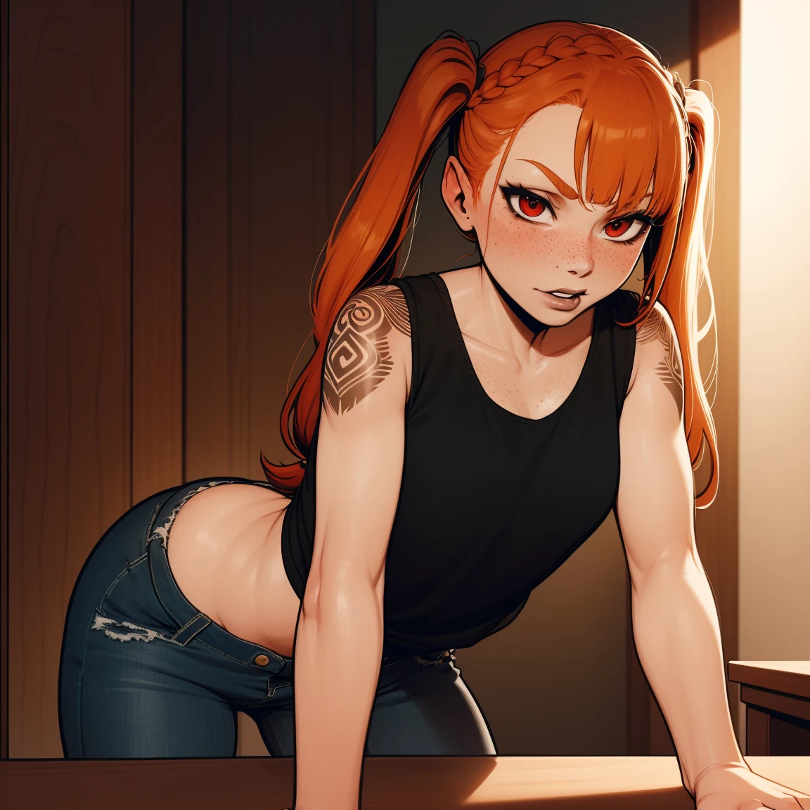  Ginger woman, braided twin tails, freckles, black tank top, jeans, tattoos, interior background, black lipstick, thin, , red eye shadow, braided twintails, ginger hair, ginger hair, skinny, bangs, leaning over desk, looking at viewer