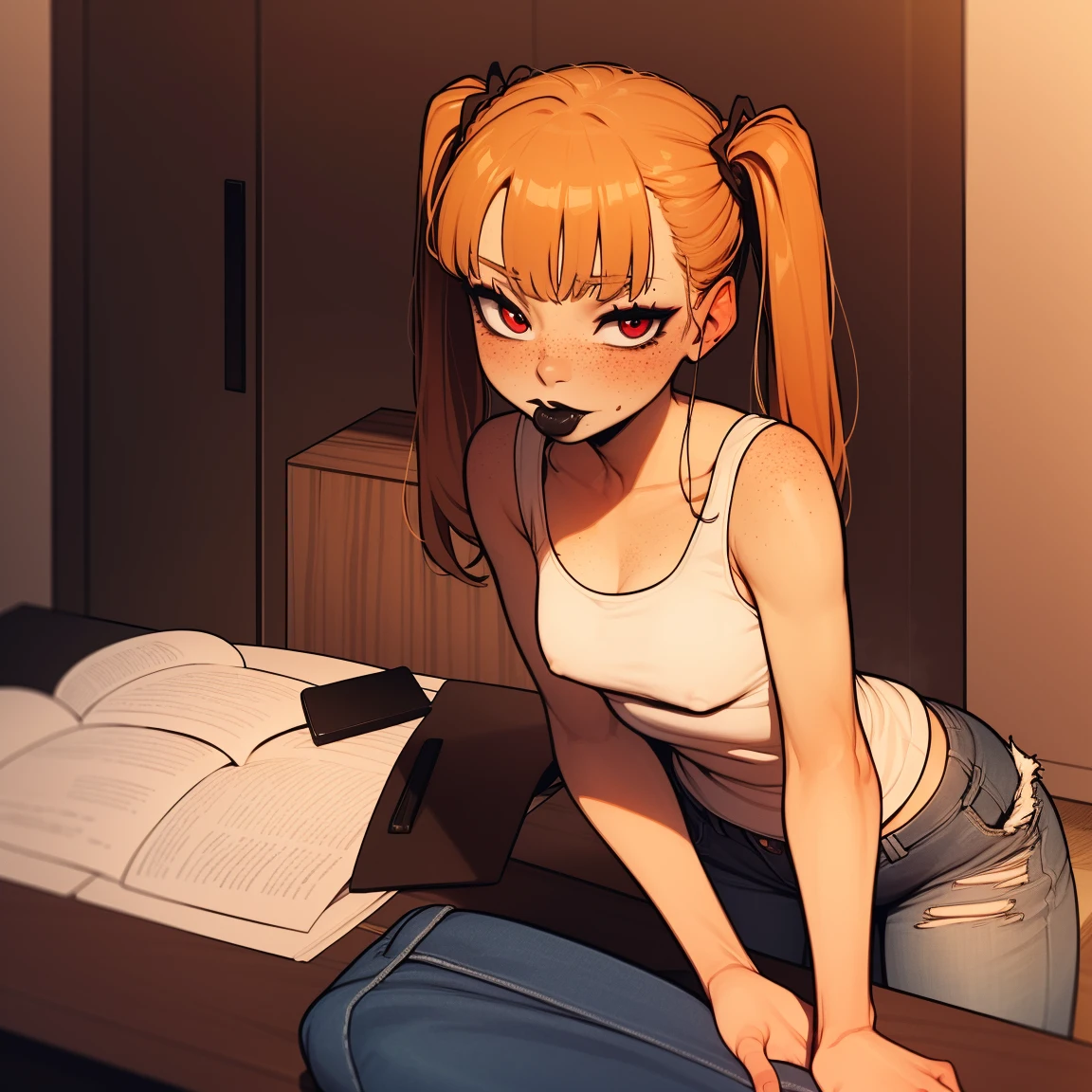  Ginger woman, braided twin tails, freckles, black tank top, jeans, tattoos, interior background, black lipstick, thin, , red eye shadow, braided twintails, ginger hair, ginger hair, skinny, bangs, leaning over desk, looking at viewer,  black lipstick, black lipstick
