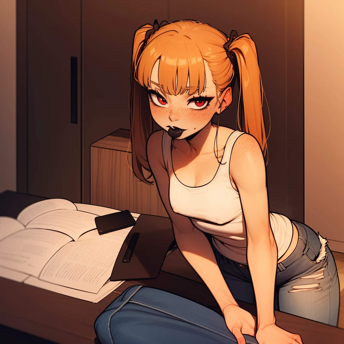  Ginger woman, braided twin tails, freckles, black tank top, jeans, tattoos, interior background, black lipstick, thin, petite, red eye shadow, braided twintails, ginger hair, ginger hair, skinny, bangs, leaning over desk, looking at viewer,  black lipstick, black lipstick