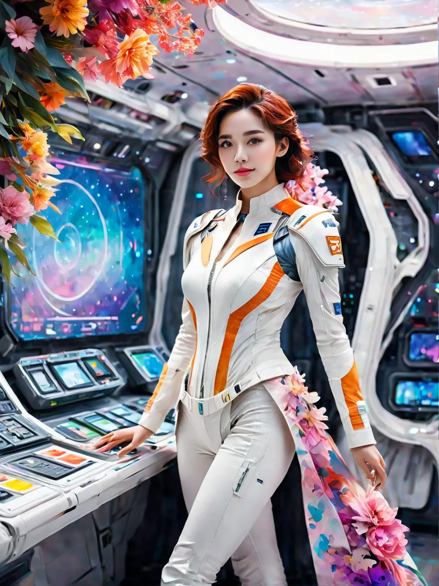 full-length portrait of a 24-year-old female starship captain，in a futuristic sci-fi scenario，highlighting her full body image a...