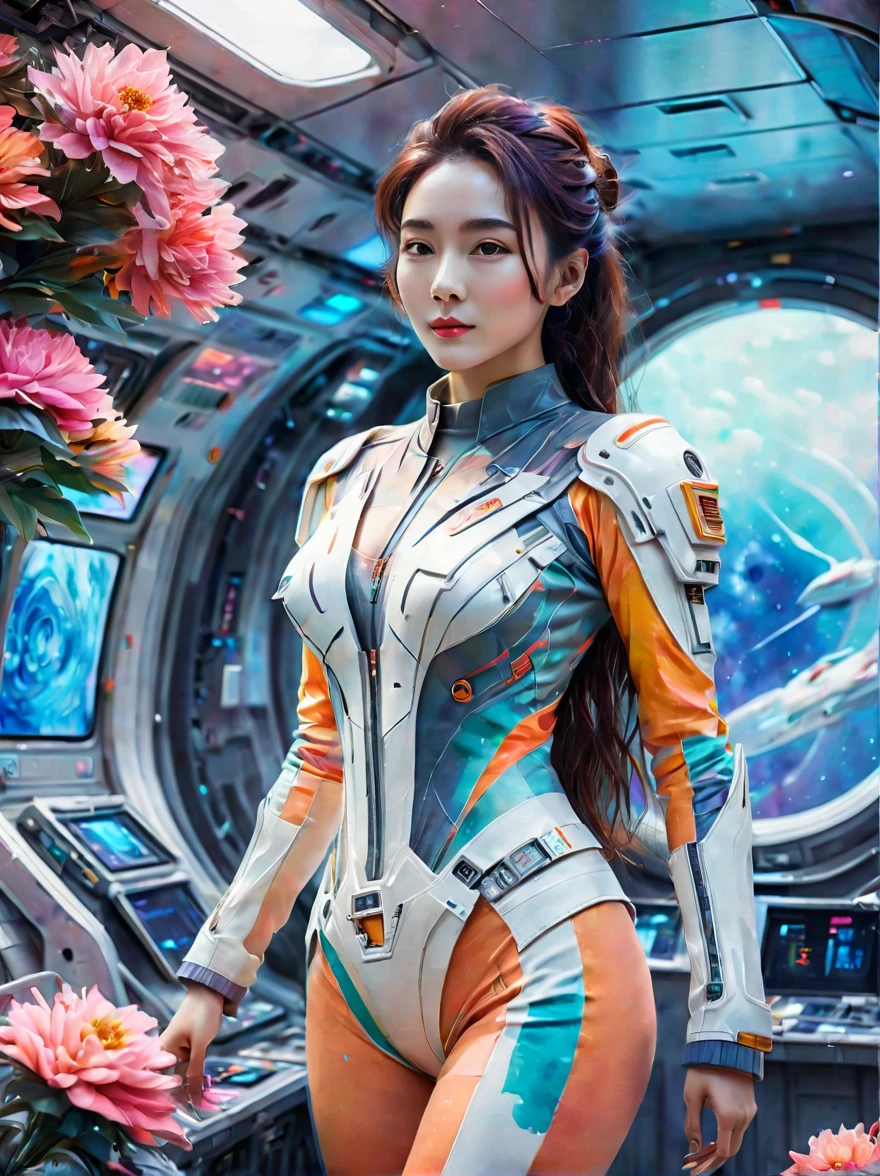 Full-length portrait of a 24-year-old female starship captain，In a futuristic sci-fi scenario，Highlighting her full body image and starship interior。she stands confidently，Captain dressed in futuristic sci-fi style，It is both fashionable and marks her class。her expression will be smiling、Calmness combined with a touch of cuteness，Make her instantly lovable。Background reveals the interior of the starship，Contains advanced technical controls、Screens and futuristic design elements，Enhanced science fiction theme。The scene should capture her leadership qualities and the advanced environment of the starship，Portraying her as a competent and admirable captain in the future world。, (floral watercolor painting:1.5)，(Super high saturation, bright and vivid colors:1.5), (nsfw), (Look at the audience head-on:1.5)