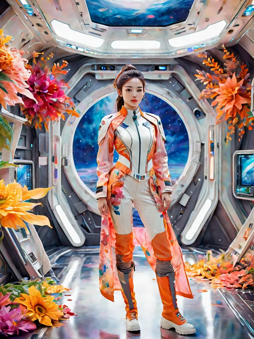 full-length portrait of a 24-year-old female starship captain，in a futuristic sci-fi scenario，highlighting her full body image a...