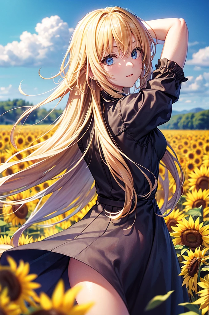 (걸작, 최고의 품질), 1 해바라기 밭에 서 있는 긴 금발 머리의 여성, 그녀의 팔은 등 뒤에 있다, 화창한 날씨, 검정 드레스, 흐릿한 전경.